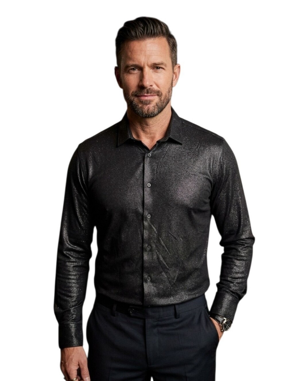 Barabas Men's Black Metallic Shimmer Long Sleeve Collared Shirt Size XL/XXL